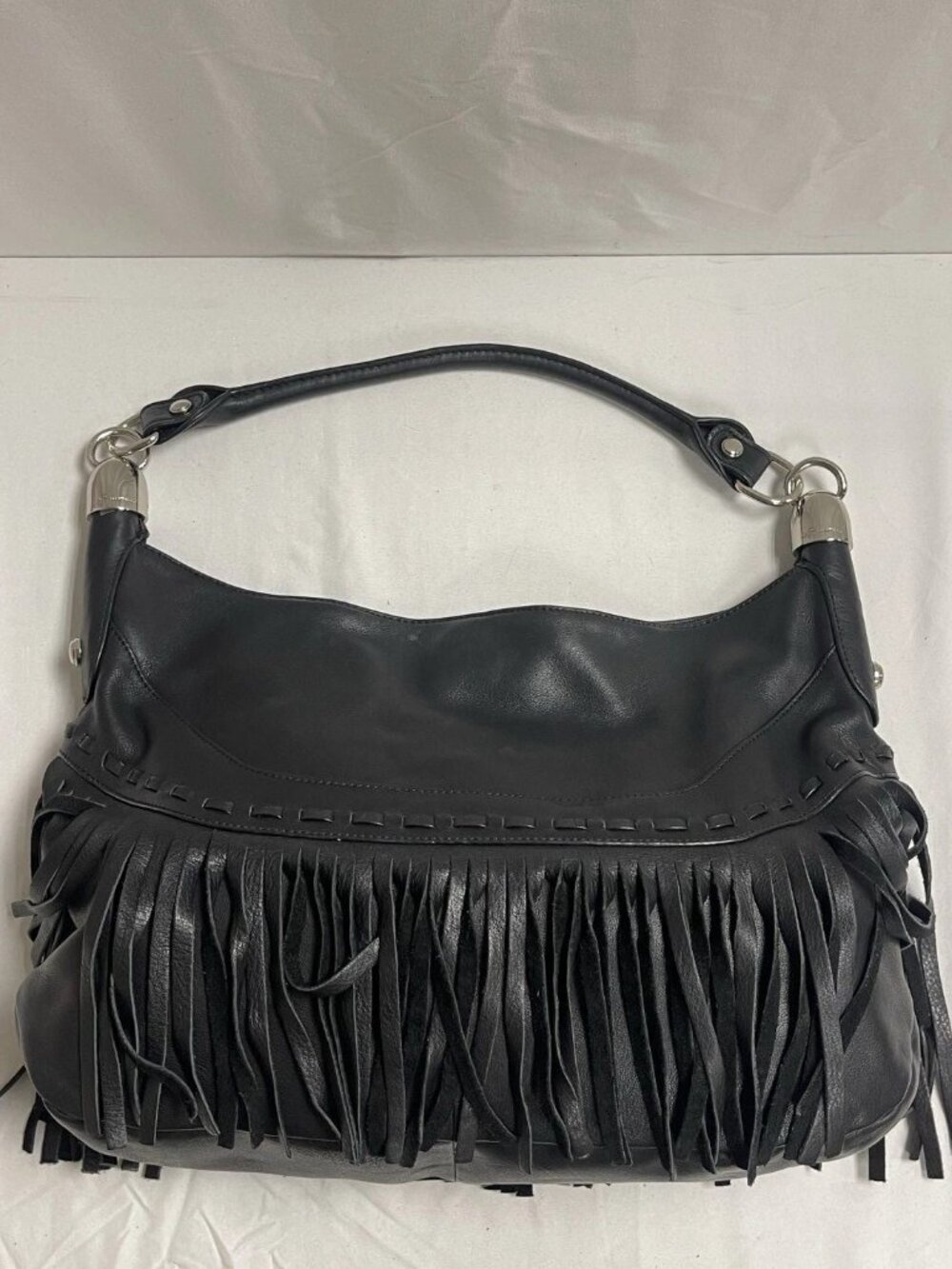 B. Makowsky Andalusia Fringe Leather Shoulder Handbag Black NWOT